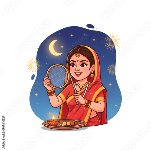 Married woman performing Karwa Chauth ritual with sieve and moon, vector caricature