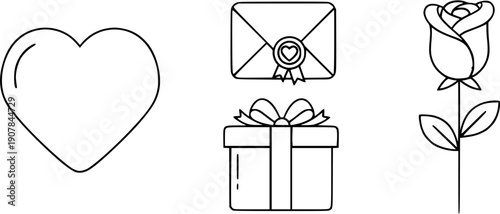 Minimal Valentine icon set with heart, gift, rose, and love letter. Flat vector style, modern and clean design, isolated background.