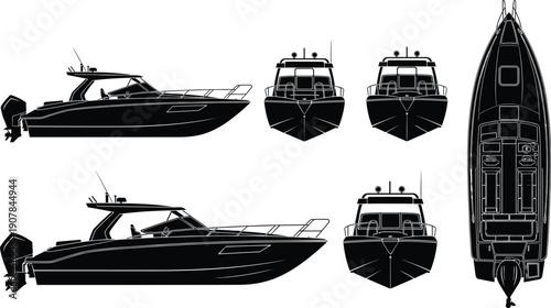 Black luxury motor yacht silhouettes set isolated on white background showing side front and top views ideal for marine design vector illustration branding projects