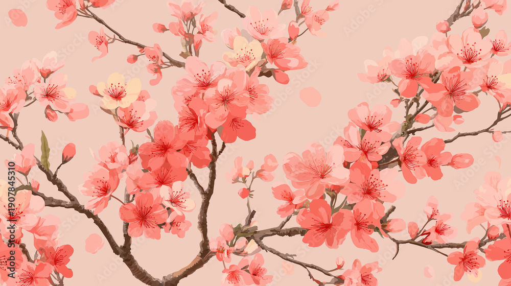 Fototapeta premium イラスト, 水彩, 春, サクラ, さくら, 桜, 花, 木, サクランボ, 全盛期, ブランチ, とぶ, ピンク, sakura, 自然, フローラル, 日本人, 文科系, 咲く, デザイン, 模様, ベクター, 植える, 日本, 季節, 葉, 美しさ, すごい, サマータイム, フレーム, ウォーターカラー