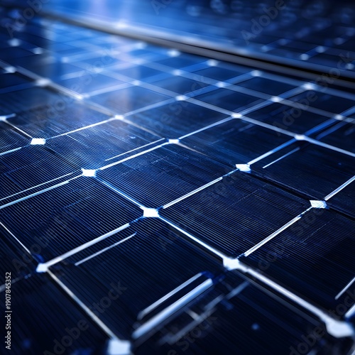 Close up of solar panel photovoltaic cells with blue polycrystalline texture reflecting light