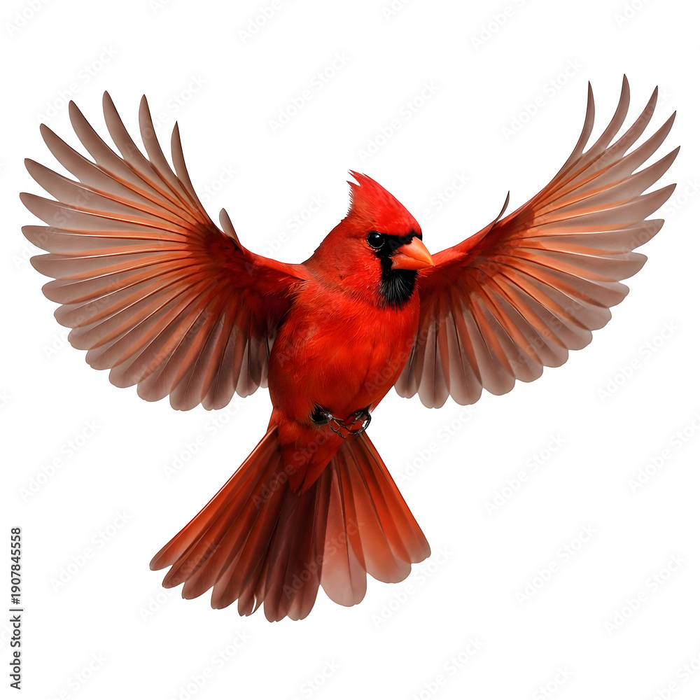 Fototapeta premium Vibrant red cardinal bird in mid-flight with wings spread wide isolated on transparent background