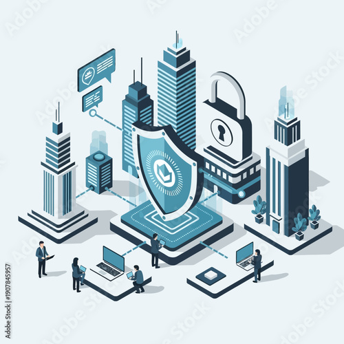 Cyber Security Protection Concept with Shield and Cityscape.