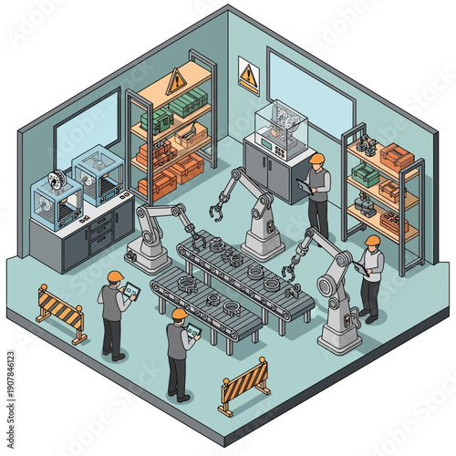 Industrial factory with robotic arms and workers in a modern manufacturing setting.