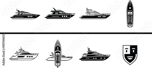 Black yacht and motor boat silhouettes set isolated on white background showing luxury marine vessels from multiple views ideal for nautical design vector illustration