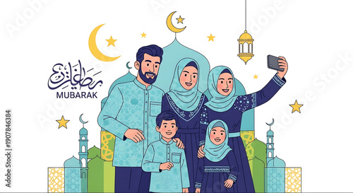 Smiling Muslim family in traditional attire celebrates a festive religious occasion, capturing a happy selfie moment in front of a mosque, symbolizing cultural unity and joy