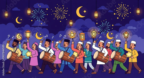 Lively community celebration parade at night with traditional music, drumming, and glowing lanterns beneath a sky illuminated by fireworks and crescent moons