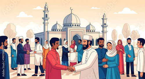 Diverse group of people celebrating Eid al-Fitr with a mosque in the background, symbolizing community and religious festival