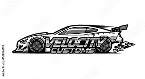 Custom Sports Car Silhouette with Flames and Velocity Customs Text.