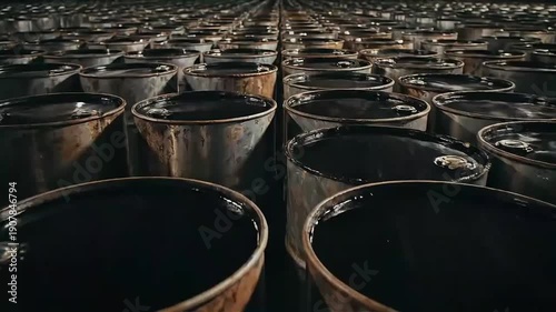 Endless Rows of Industrial Oil Barrels Filled With Dark Liquid in a Warehouse, Energy and Fuel Storage Concept, 4K Cinematic Footage