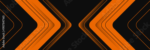 Black abstract wide horizontal banner with orange and gray lines, arrows and angles. Dark modern sporty bright futuristic abstract background. Wide vector illustration EPS1