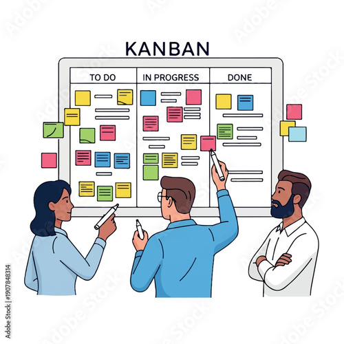 Illustration of three people collaborating on a Kanban board with sticky notes in a business setting.