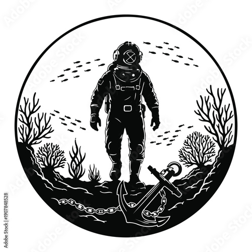 Deep Sea Diver Silhouette Walking on Ocean Floor with Anchor in Circle Frame