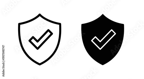 Shield with Check Icon Set: Approved Security and Verified Protection Symbols in Black and White