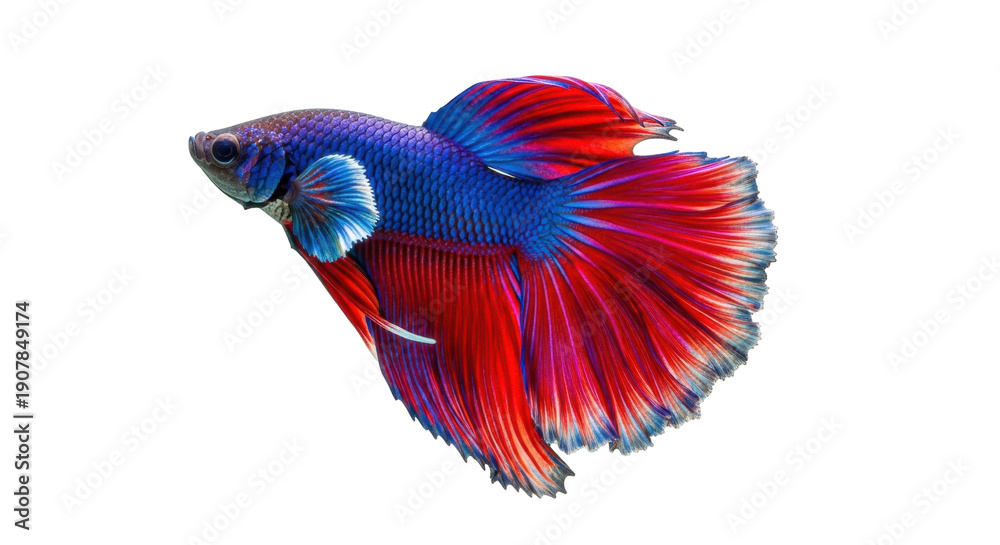 Fototapeta premium Vibrant red and blue Siamese fighting fish PNG isolated, colorful betta splendens on transparent background, aquatic pet