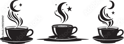 Celestial Coffee Cup Icons with Steam Moon and Stars Silhouette Set