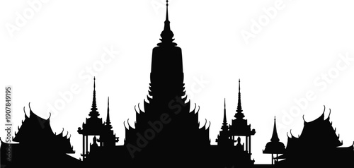 Temple,silhouette,architecture,asia,buddhist,thai,landmark,religion,culture,heritage,traditional,spiritual,building,travel,vector,illustration,isolated,black,skyline,design