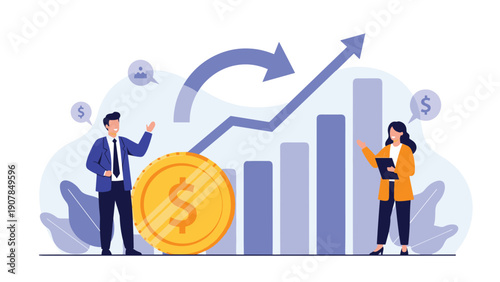 Two business professionals celebrating financial success in front of a giant gold coin and a rising bar chart on a purple background.