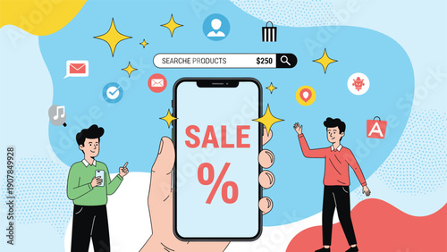 Two young men using their smartphones to browse a massive sale promotion displayed on a large hand-held mobile device screen.