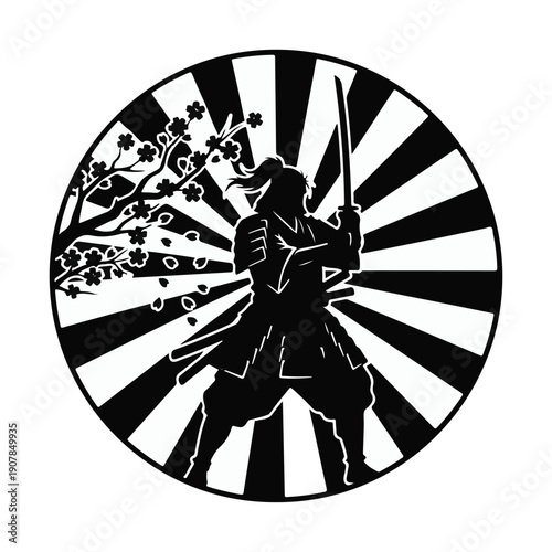 Samurai Warrior Silhouette Holding Katana, Cherry Blossom, Rising Sun Background