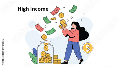 Happy woman catching falling cash and gold coins into a glass jar to represent high income and successful saving habits.