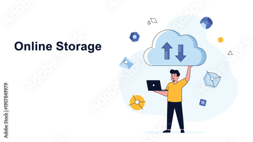 Young man holding a laptop while supporting a large digital cloud with upload and download arrows for online storage.