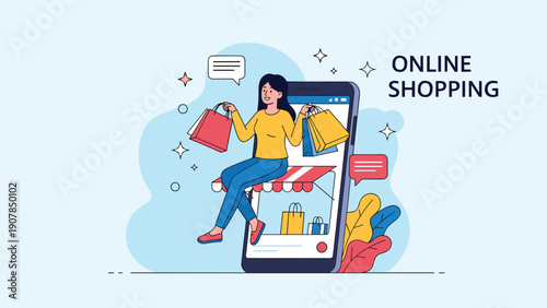 Happy woman sitting on the awning of a virtual store inside a smartphone while holding several colorful shopping bags.