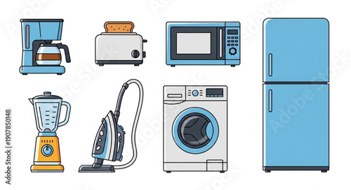 Modern kitchen and household appliances set for everyday use.