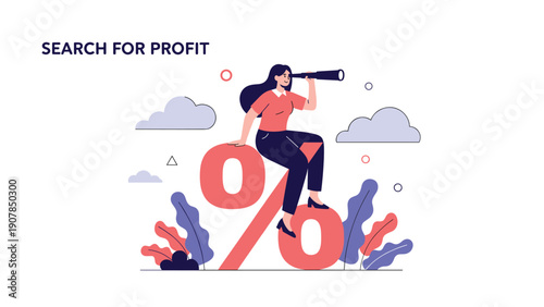 Determined woman sitting on a percentage sign and using a telescope to search for profit opportunities and high investment returns.