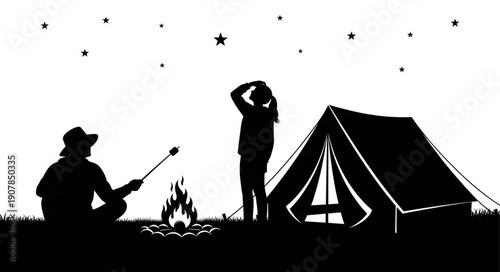Silhouettes of people camping under a starry night sky with a campfire.