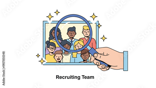 Human resources manager using a magnifying glass to select the best candidates for the recruiting team from a diverse talent pool.