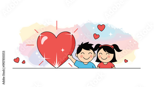 Happy boy and girl standing beside a giant glowing red heart to represent childhood friendship, kindness, and love for others.