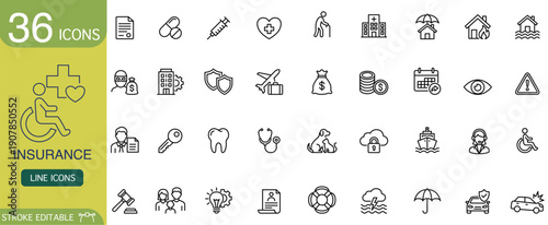 Set of insurance line icons for web design including protection symbol, finance, healthcare vector. Clean professional outline collection covers accident, life, home, medical coverage concepts