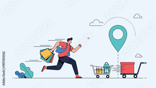 Active man running with shopping bags toward a delivery location to represent fast shipping and convenient online retail services.