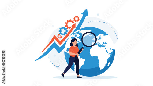 Professional woman using a magnifying glass to research global market trends and business growth strategies for international expansion.