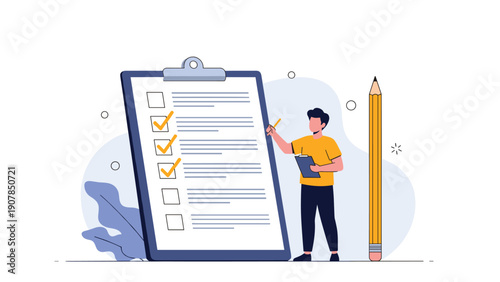 Diligent man holding a pen and a smaller clipboard while marking off completed tasks on a giant checklist with a large pencil nearby.