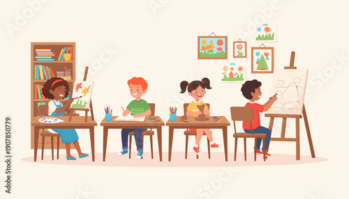 Children Painting at Desks in Classroom.