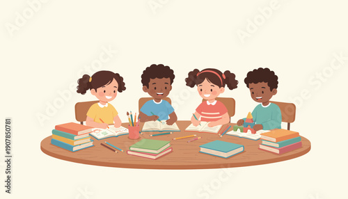 Children Reading Books Together at Table.