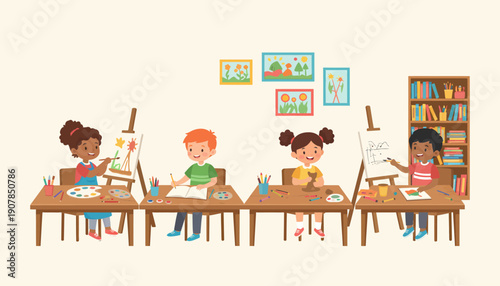 Children Painting at Easels in Classroom.