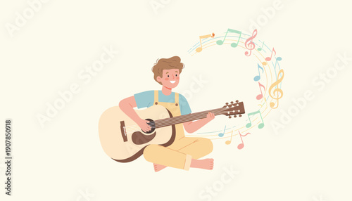 Man Playing Guitar with Musical Notes.