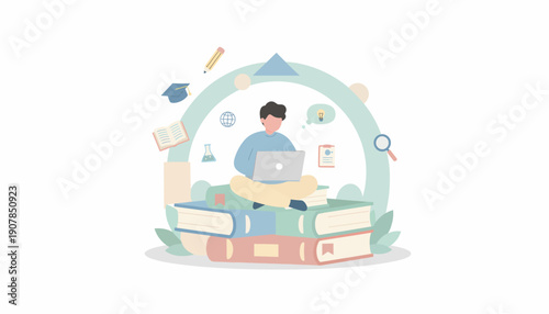 Graduate Student Working on Laptop Surrounded Books.