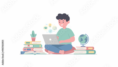 Man Sitting with Laptop and Books.