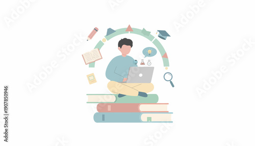 Man Working on Laptop with Books.