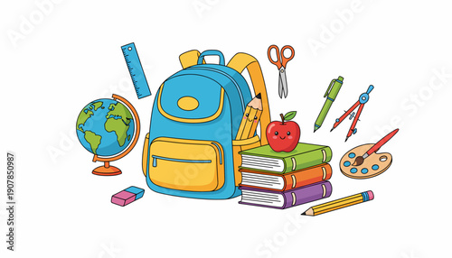 School Supplies and Backpack with Books.