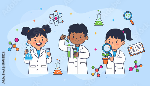 Three Cartoon Scientists in Lab Coats.