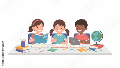Three Children Studying Together at Desk.