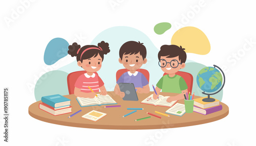 Three Children Studying Together at Table.