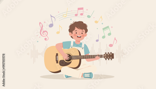 Young Boy Playing Acoustic Guitar Music.