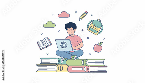 Young Man Sitting on Books with Laptop.