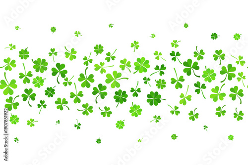Lucky clover leaves cascade on white background. Festive St. Patricks Day border with shamrock confetti, green trefoil symbols and Irish celebration charm. Vector illustration.